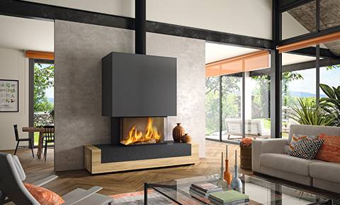 Insert bois grand format dans un salon contemporain à L’Isle-sur-la-Sorgue